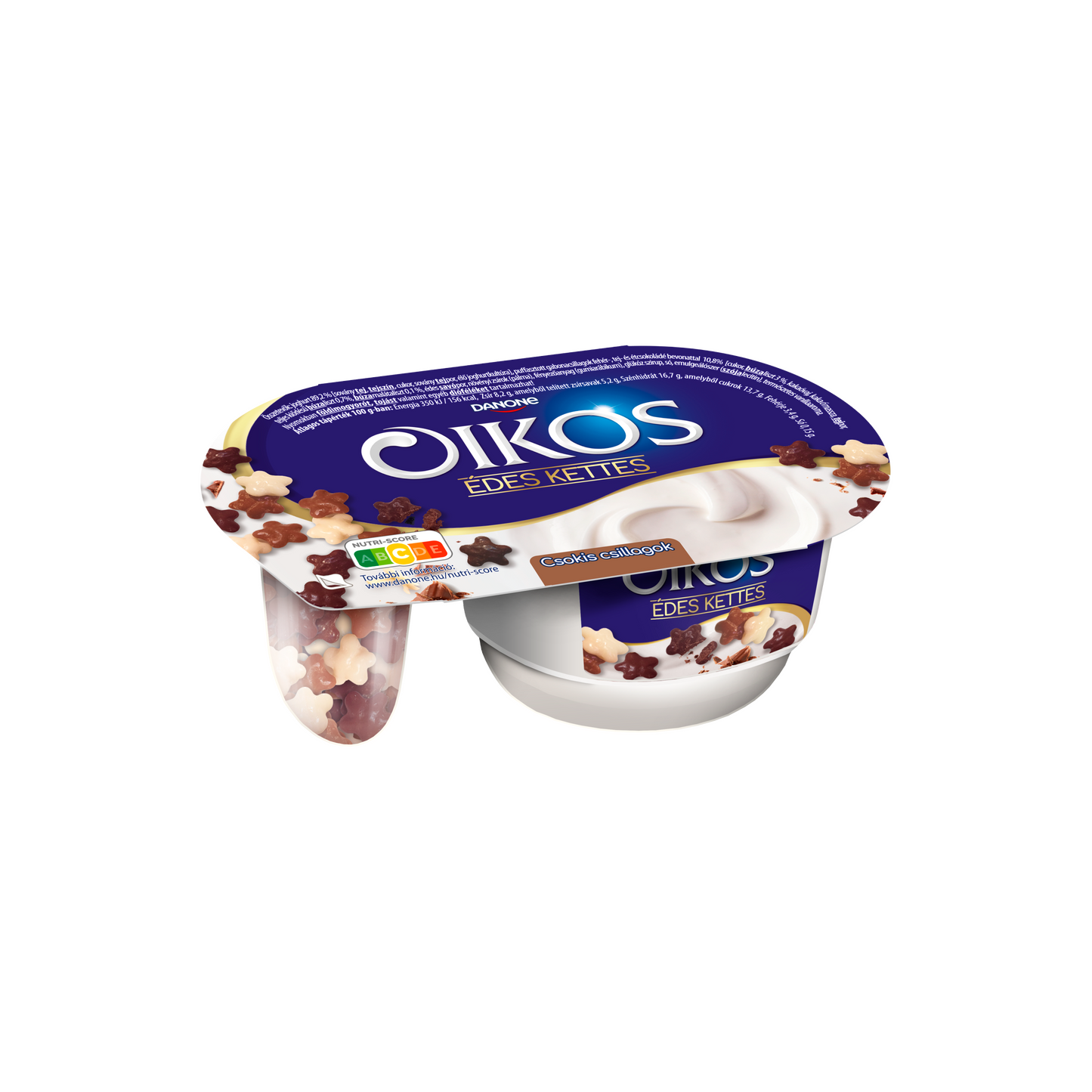 Danone Oikos Édes Kettes édesített joghurt vaníliaízű, csokoládéval bevont gabonacsillagokkal 102 g