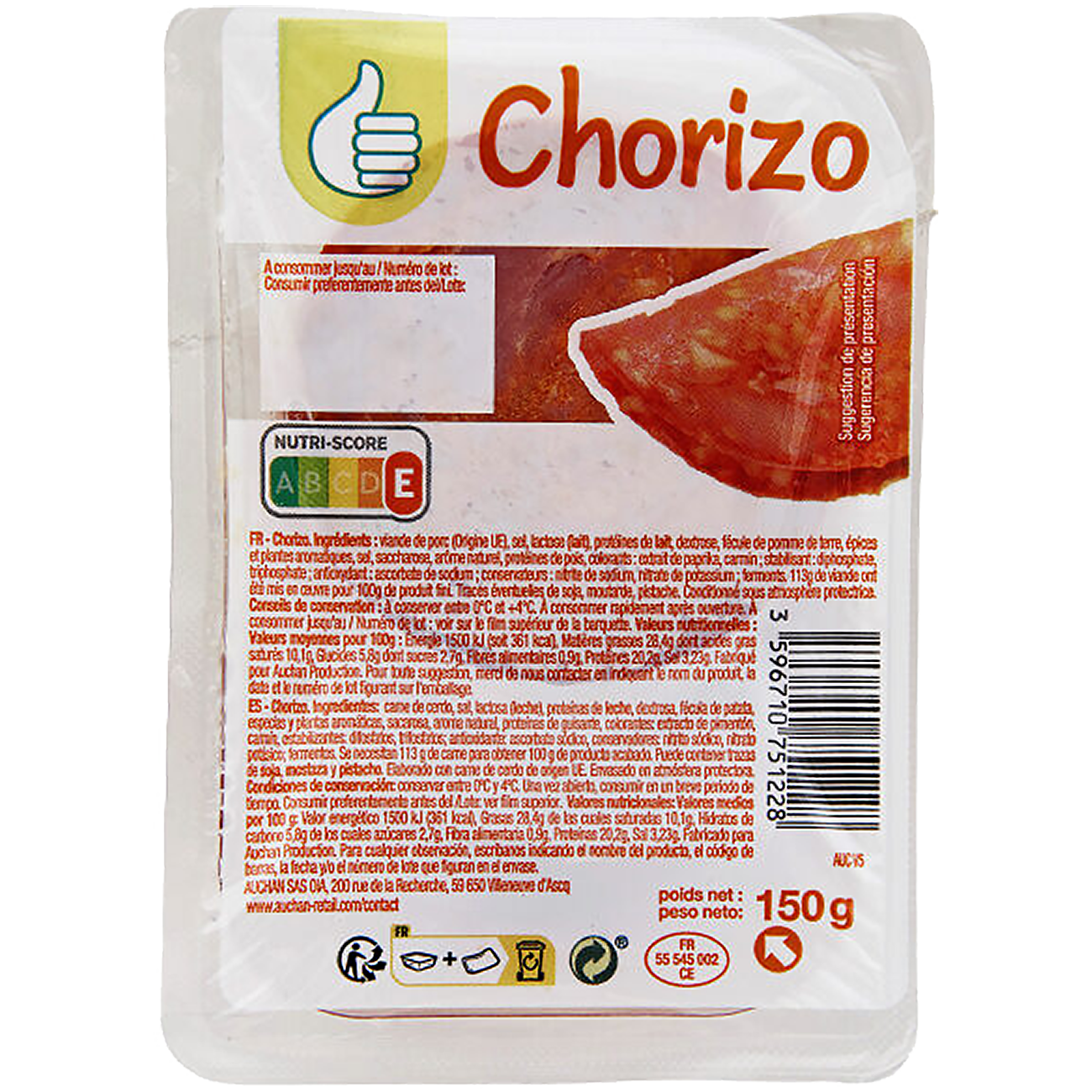 Auchan Tipp chorizo szeletelt, sertéshúskészítmény 150 g