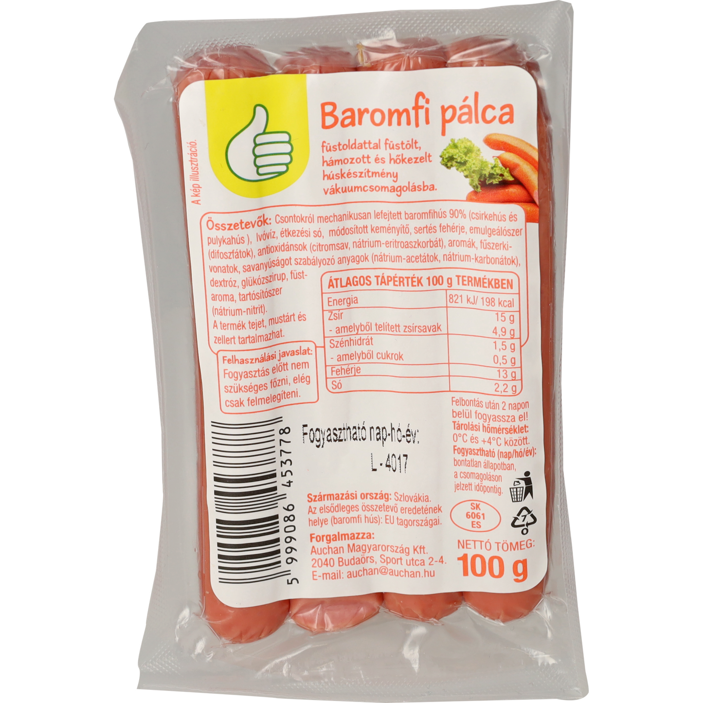 Auchan Tipp Baromfivirsli füstölt hámozott virsli 100 g