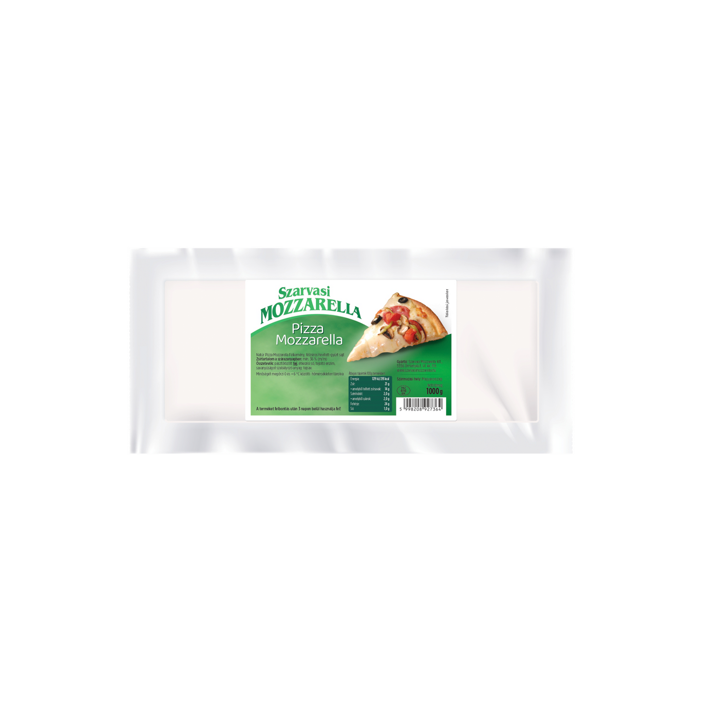 Szarvasi Mozzarella natúr pizza mozzarella félkemény, félzsíros hevített-gyúrt sajt 1000 g