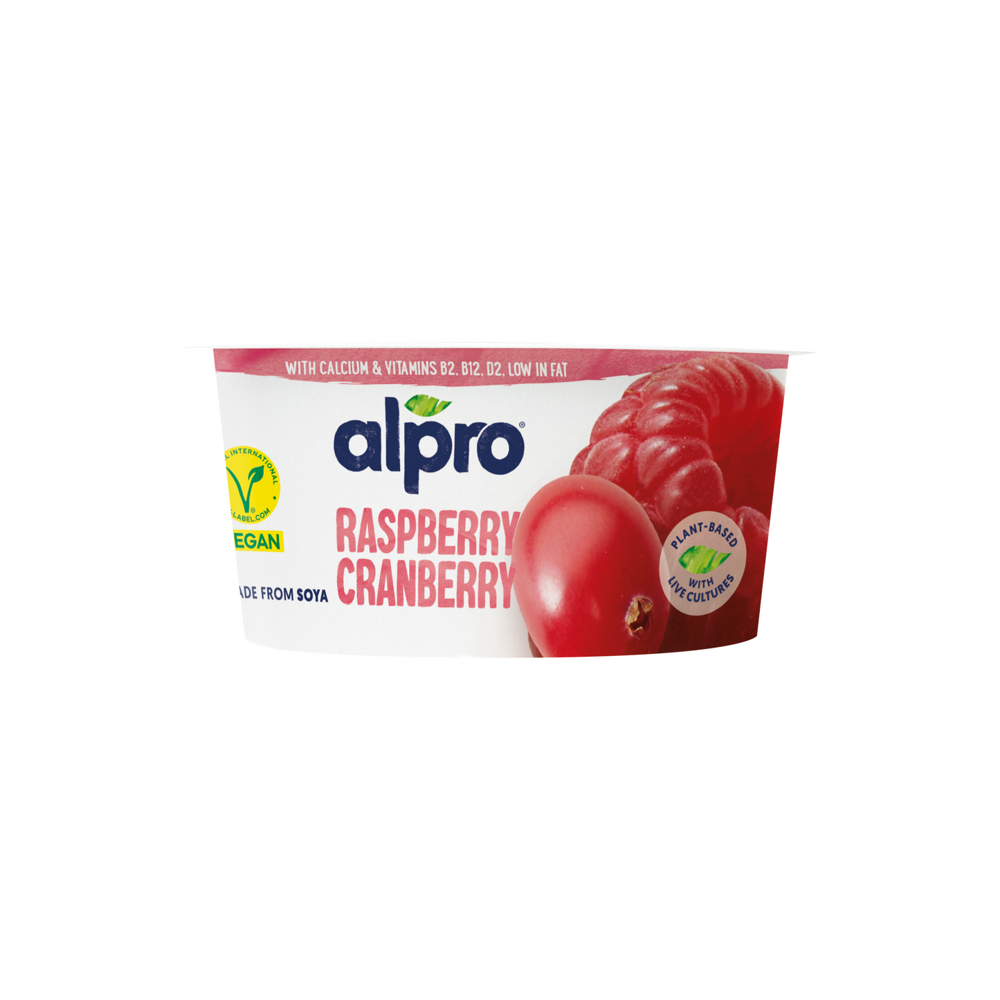 Alpro fermentált szójakészítmény, vörösáfonyás-málnás, hozzáadott kalciummal és vitaminokkal 150 g