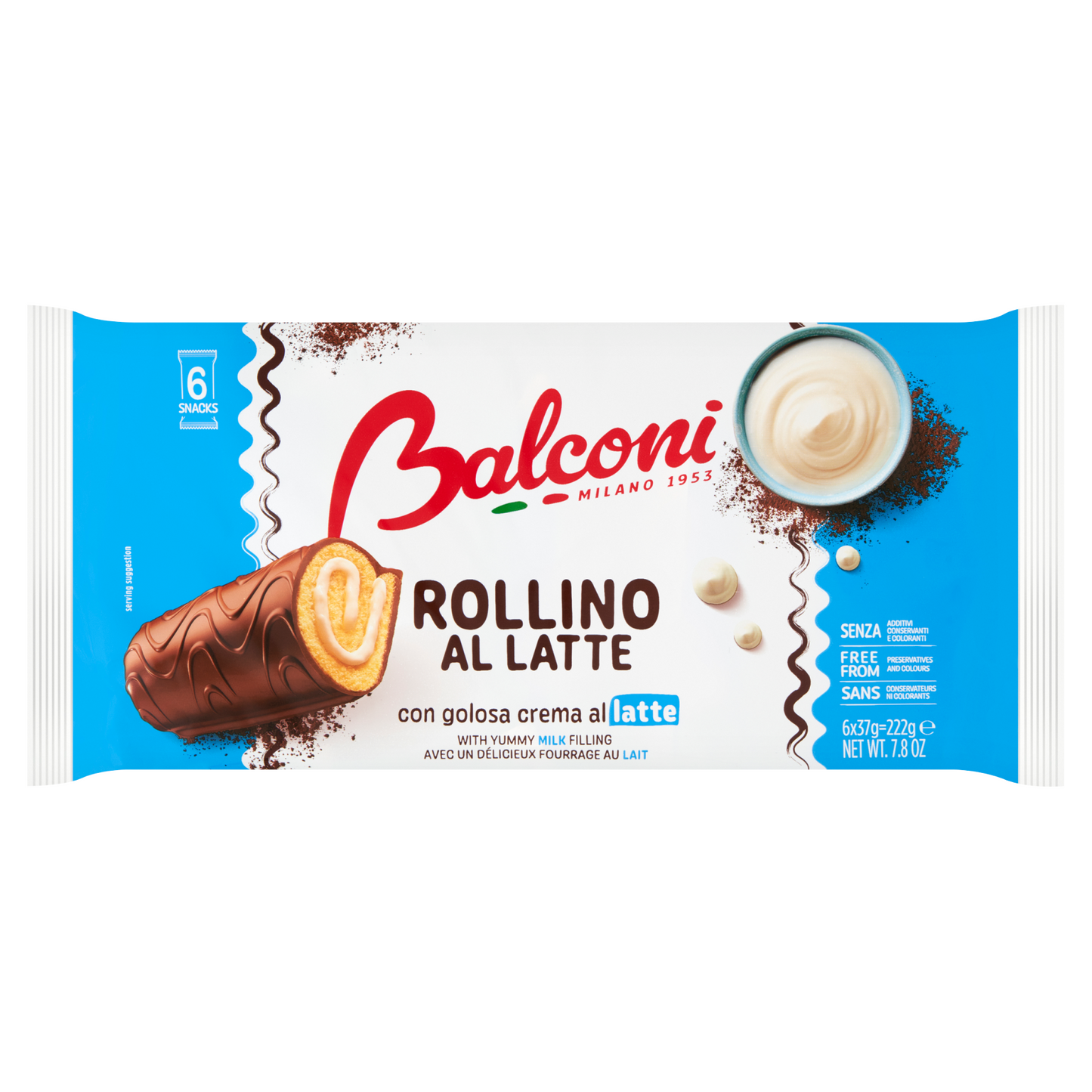Balconi Rollino Al Latte zsírszegény kakaós masszával bevont piskóta tekercs 6 x 37 g (222 g)