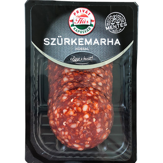 CSIKÓS CSÍPŐS SZALÁMI Szürkemarha és sertéshúsból  Füstölt, érlelés-szabályozóval készült penészmentes szalámi szeletelt, védőgázos csomagolásban 60g