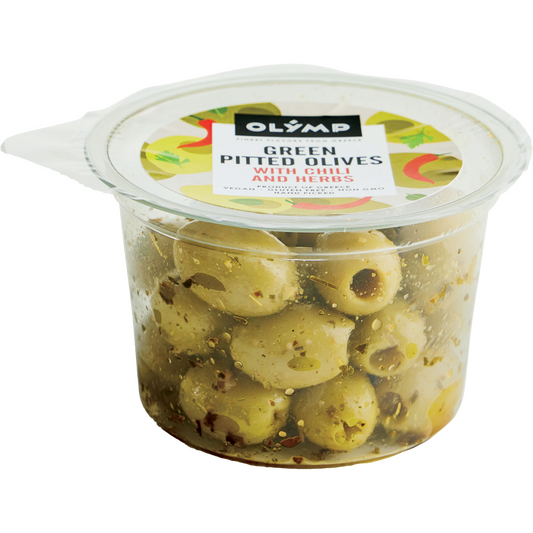 OLYMP Zöld görög magozott olajbogyó pikáns fűszerekkel és chilivel 100g