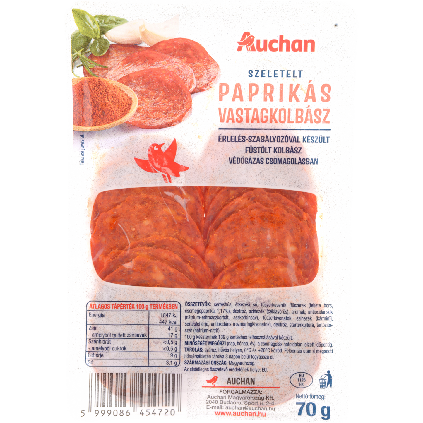 Auchan Kedvenc Paprikás vastagkolbász szeletelt 70 g