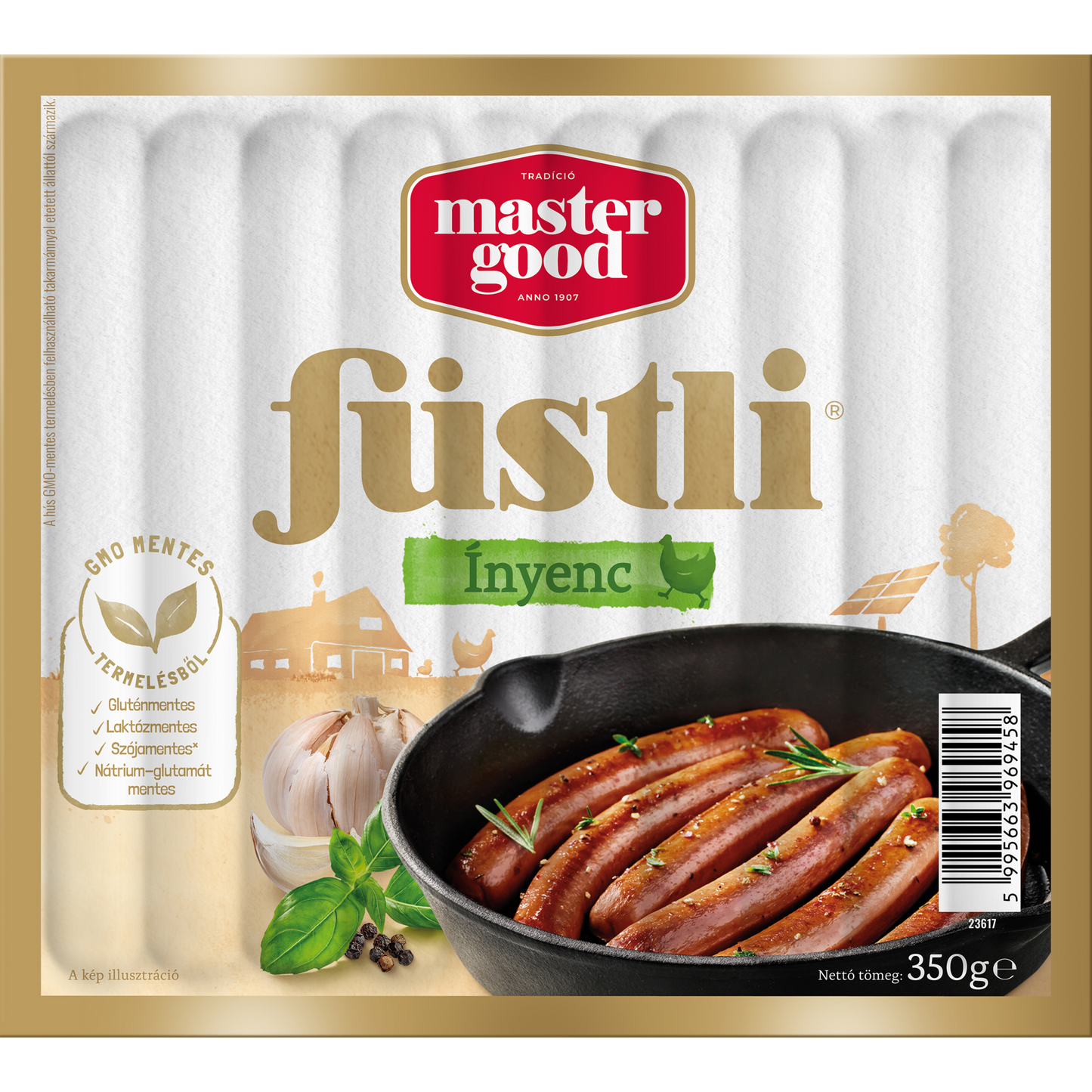 Master Good Füstli Ínyenc borsos és fokhagymás fűszerezésű, füst ízesítésű virsli csirkehúsból 350 g