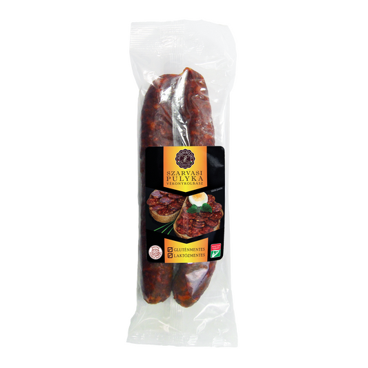 Szárításos érleléssel készült, füstölt, félszáraz pulyka vékonykolbász